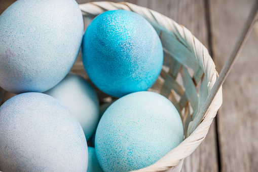 Beautiful easter eggs in blue tones. Selective focus. Shallow depth of field.