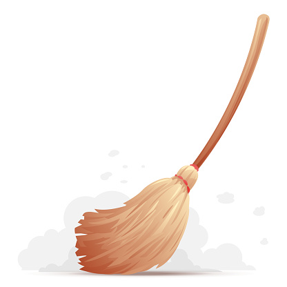 One brown broom with long handle sweep floor, cleaning from dust and dirt