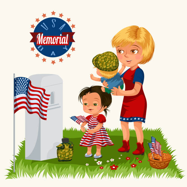 ilustrações, clipart, desenhos animados e ícones de dia do memorial, mãe com criança em cemitério, pequena menina carrinho grave veteranos de guerra, família, mulher com filhos, honrando a memória de heróis caídos, nos bandeira vetor ilustração - baby military armed forces us memorial day