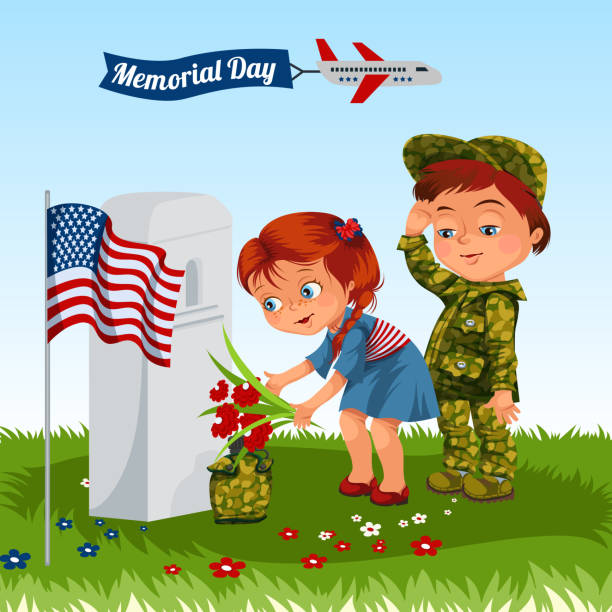 ilustrações, clipart, desenhos animados e ícones de dia do memorial, correia em uniforme militar, no cemitério, pequena menina e menino no túmulo de guerra veteranos, família filhos honrando a memória heróis caídos, nos bandeira vector a ilustração - baby military armed forces us memorial day