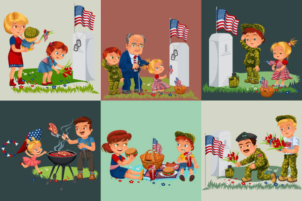 ilustrações, clipart, desenhos animados e ícones de homem sênior com crianças no cemitério militar perto de sepultura com branco monumento à memória familiar, veterano de menino e menina e lembre-se de heróis de guerra, tokens de bandeira americana vector a ilustração - baby military armed forces us memorial day