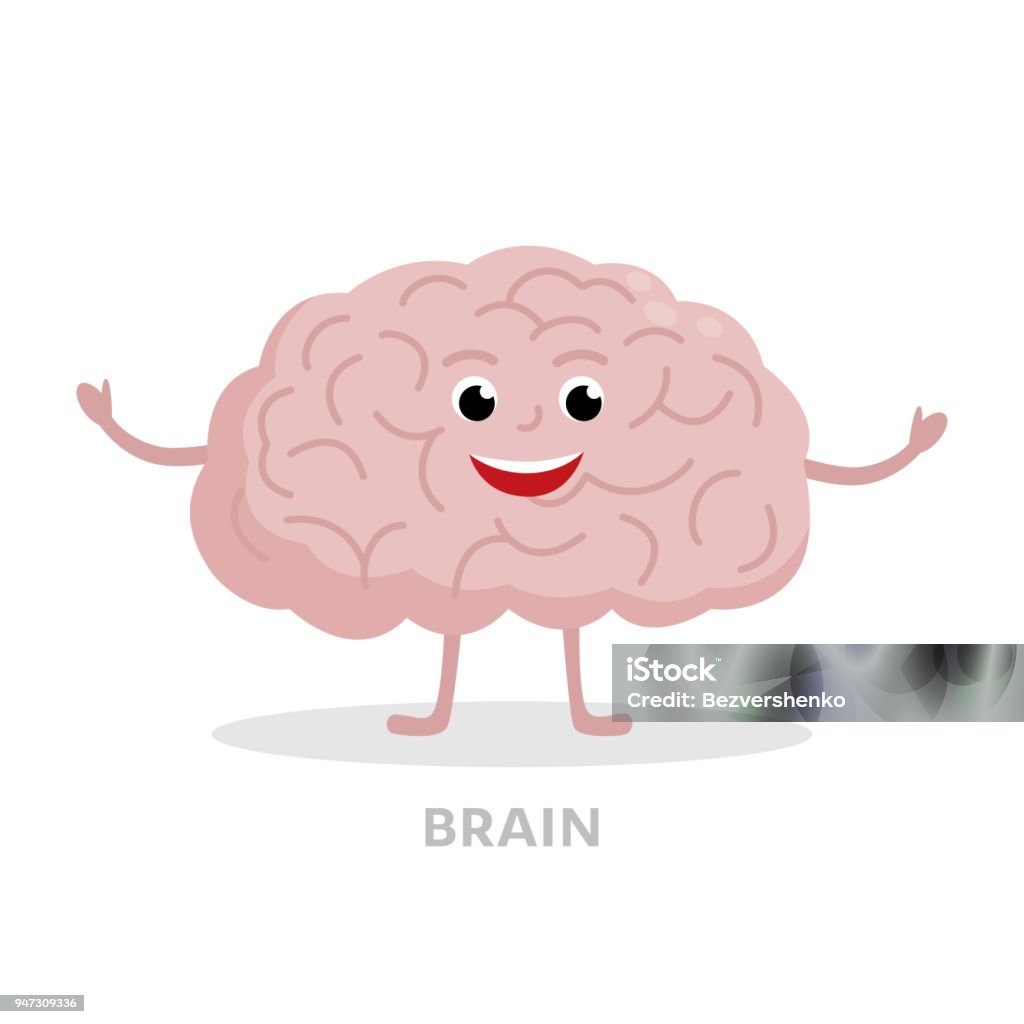 Personnage de dessin animé de cerveau intelligent isolé sur fond blanc. Design plat du vecteur icône cerveau. Illustration médicale du concept orgue fort sain. - clipart vectoriel de Anatomie libre de droits