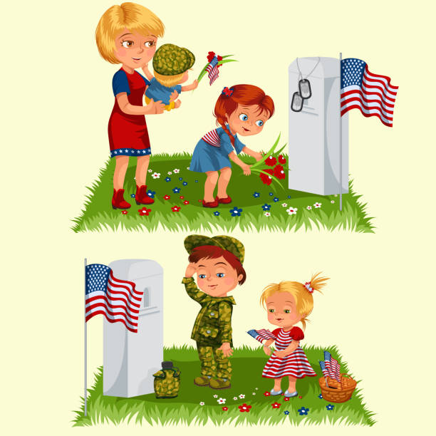 ilustrações, clipart, desenhos animados e ícones de dia memorial, mãe com criança em cemitério, menina coloca flores na campa, família, mulher com filhos, honrando a memória de heróis caídos, tokens de militares e nos sinalizar ilustração vetorial - baby military armed forces us memorial day