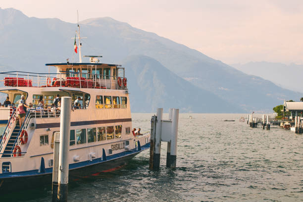 Bellagio, Italy: July 08 2017 - Passenger ship on a regular route across lake Comno ready to leave the quay.