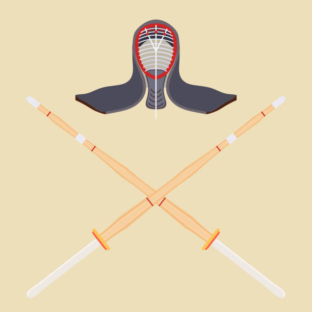 Two crossed bamboo training sword for kendo and protective helmet. Wooden Japanese swords, kendo. Vector kendo weapon Two crossed bamboo training sword for kendo and protective helmet. Wooden Japanese swords, kendo. Vector kendo weapon kendo stock illustrations