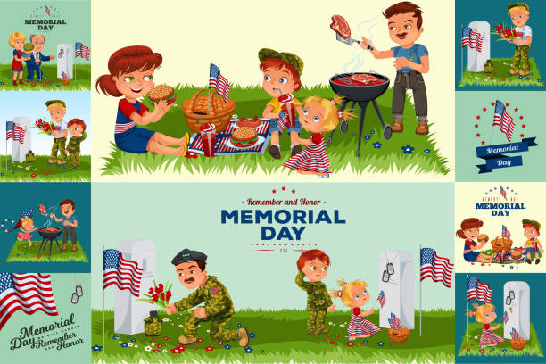 Memorial Day. Typography design layout for USA Memorial Day events, sales, promotion vector illustrator, family resting in park or garden, dad grilling meat on grill, mum holding baby, girls play on green grass with kite and American flags, man and woman family is resting in the park or garden, dad is grilling meat on the grill, mum is holding a baby, girls are running around on green grass with a kite and American flags, man and woman on a picnic patriotic vector illustration. military family stock illustrations