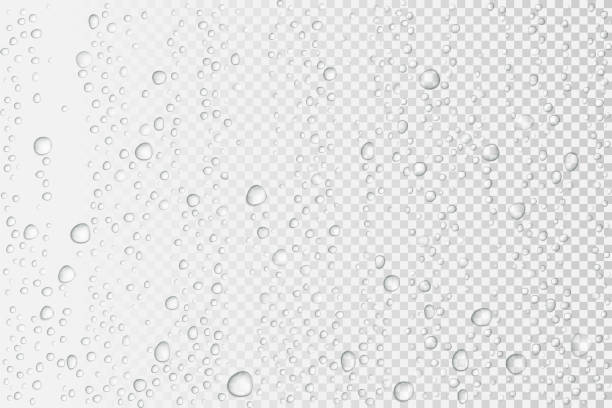wektor woda spada na szkło. krople deszczu na przezroczystym tle - condensation steam window glass stock illustrations