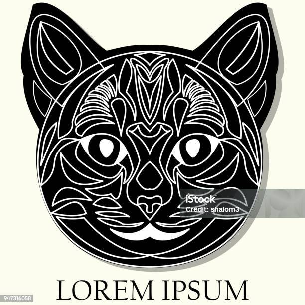 Ornamental Black Cat Head Black Silhouette With Ornamental Drawing Tribal Cat Head Tile Stock Illustration - Download Image Now