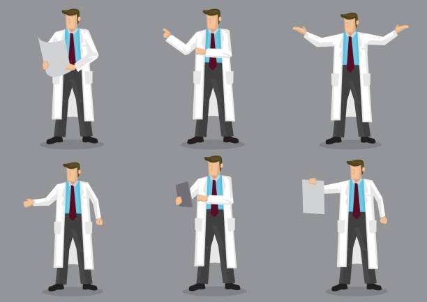 cartoon man w long white coat vector zestaw znaków - practitioners stock illustrations