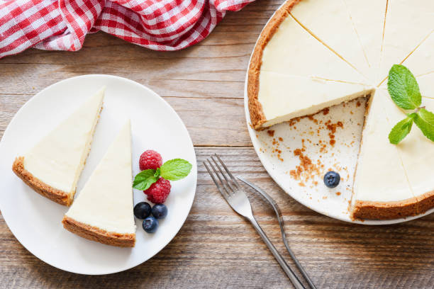 istock Classical New York Cheesecake on rustic wood table background, top view 947324012
