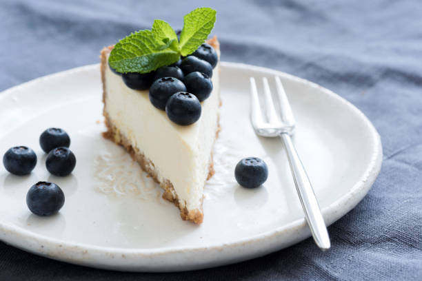 istock Slice of cheesecake with fresh blueberries and mint leaf on white plate 947324074