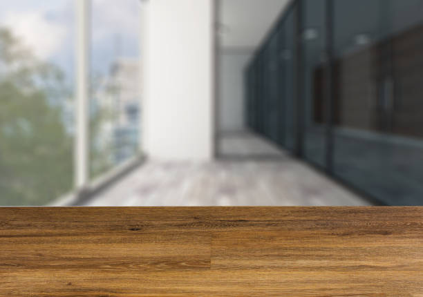 istock Background with empty wooden table. Flooring. Modern Blank  office Cabinet. Meeting room. 947328264
