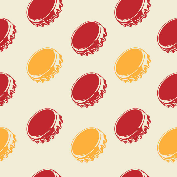 Seamless bottle caps pattern on pale background Seamless graphic style yellow and red bottle caps pattern on pale background beige background illustrations stock illustrations