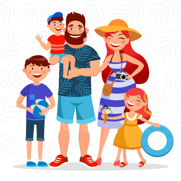 ilustrações, clipart, desenhos animados e ícones de família feliz nas férias de verão, ir à praia e ter o resto perto do mar. pais e filhos isolada no fundo verão ilustração vetorial-plana de personagens dos desenhos animados. - fun tourist resort beach group of people