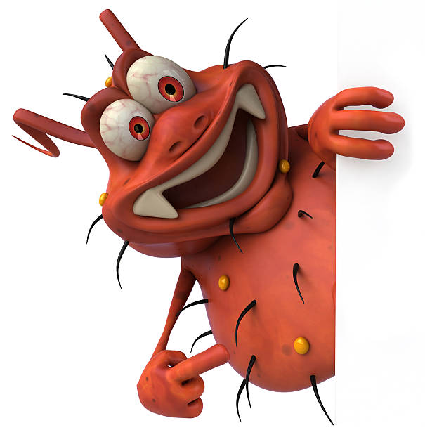 Cartoon image of a red germ pointing to a blank sign stock photo