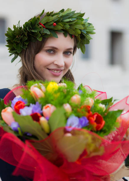 attractive girl this flowers graduated