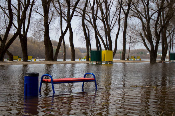 istock The river spilled from its banks. Water flooded. 947343608