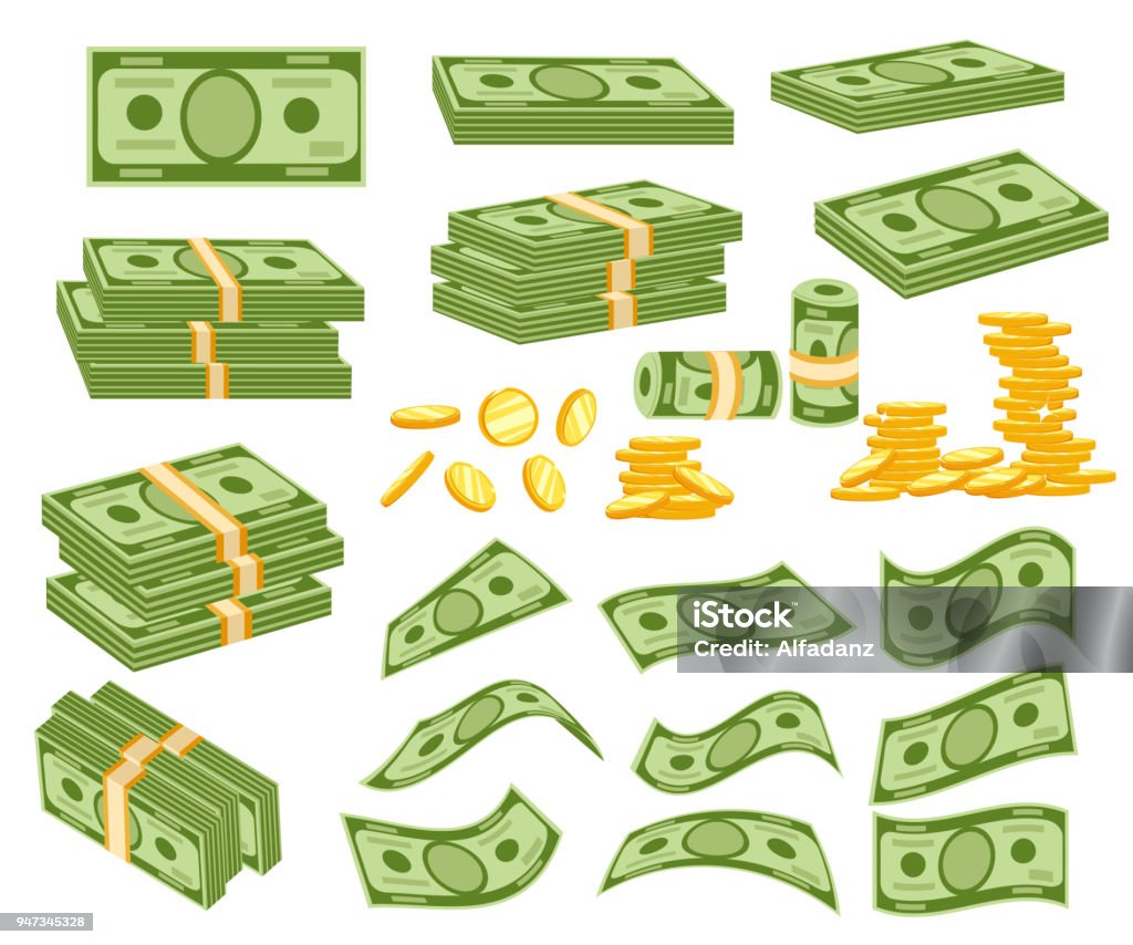 Définir un genre divers de l’argent. Emballage en liasses de billets de banque, bons fly, or pièces de monnaie. Illustration vectorielle isolée sur fond blanc. Page du site Web et conception de l’application mobile - clipart vectoriel de Monnaie libre de droits