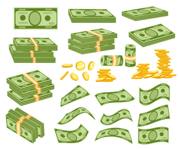 Set a various kind of money. Packing in bundles of bank notes, bills fly, gold coins. Vector illustration isolated on white background. Web site page and mobile app design Set a various kind of money. Packing in bundles of bank notes, bills fly, gold coins. Vector illustration isolated on white background. Web site page and mobile app design. money bills and currency stock illustrations