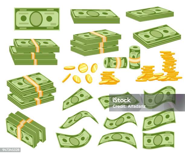 Set A Various Kind Of Money Packing In Bundles Of Bank Notes Bills Fly Gold Coins Vector Illustration Isolated On White Background Web Site Page And Mobile App Design Stock Illustration - Download Image Now