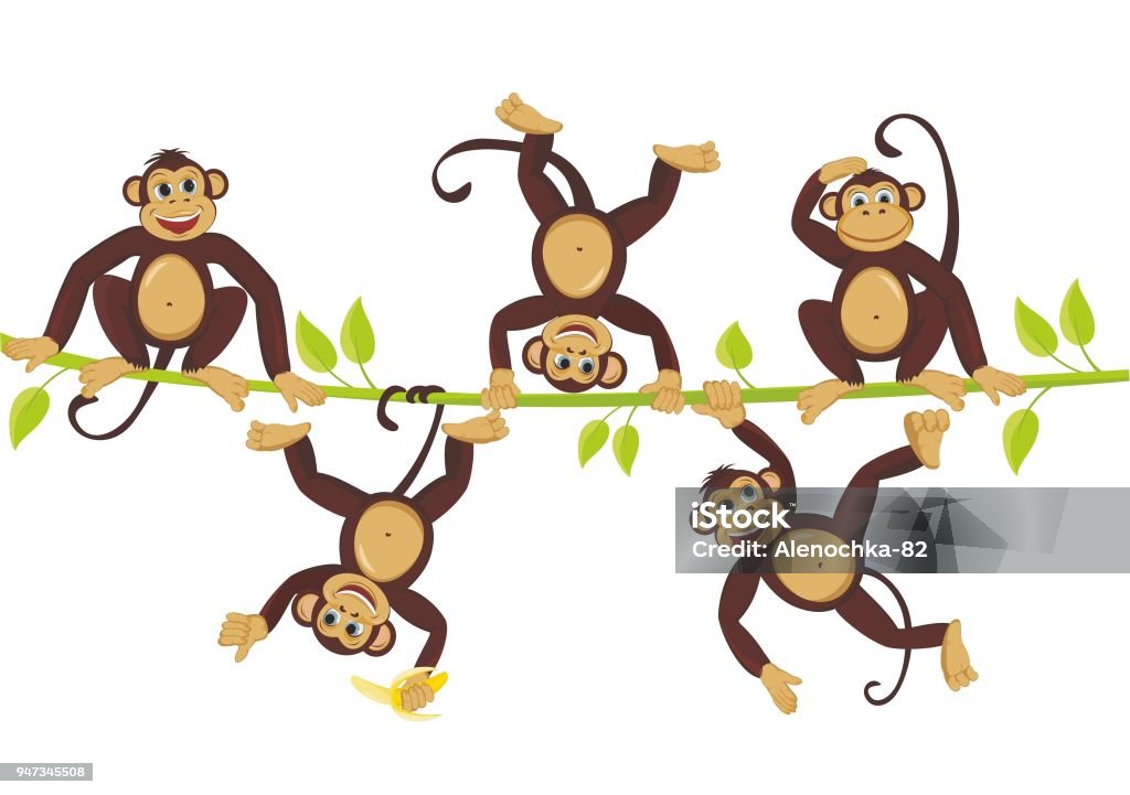 Cheerful monkeys frolic on a vine Cheerful monkeys frolic on a vine Cheerful monkeys frolic on a vine. Vector illustration. Ape stock vector