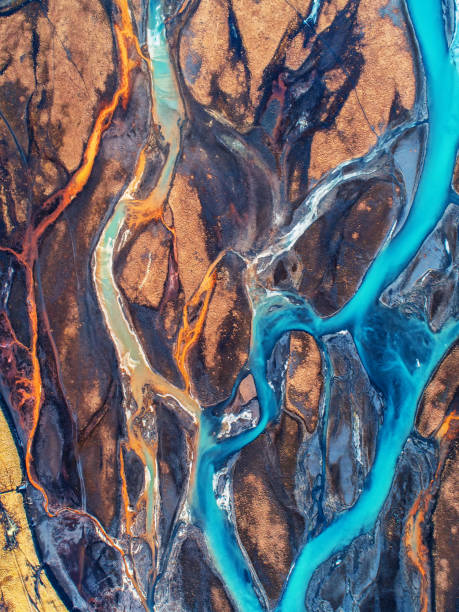 istock Aerial view and top view river in Iceland. Beautiful natural backdrop. 947354438