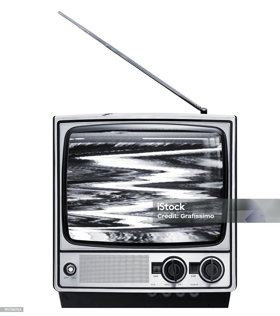 Front of old grey television  Blackout Stock Photo