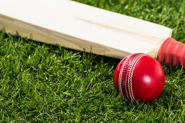 istock Looking down on a Cricket ball sitting in the grass with a bat 947364034