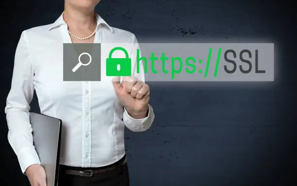 Photo of SSL Browser touchscreen is shown by businesswoman