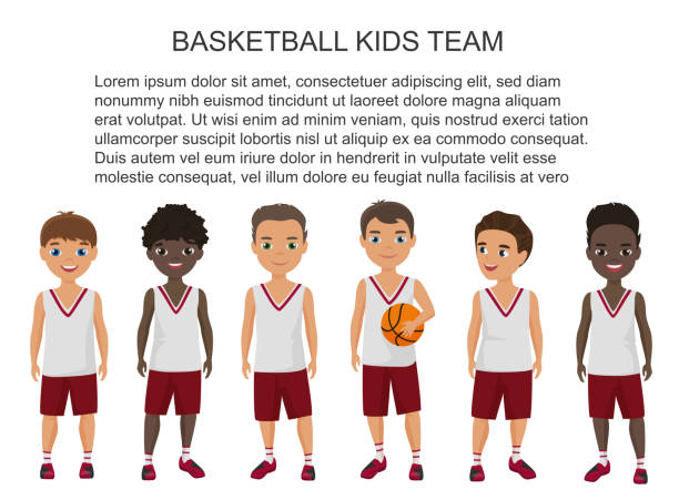 ベクトル漫画学校バスケット ボール子供チーム分離した制服を着た。 - basketball team sports healthy lifestyle isolated objects点のイラスト素材／クリップアート素材／マンガ素材／アイコン素材