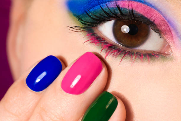 istock Blue pink green makeup and manicure. 947369000