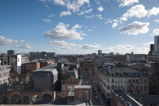 The birds eye view of Manchester city centre, England