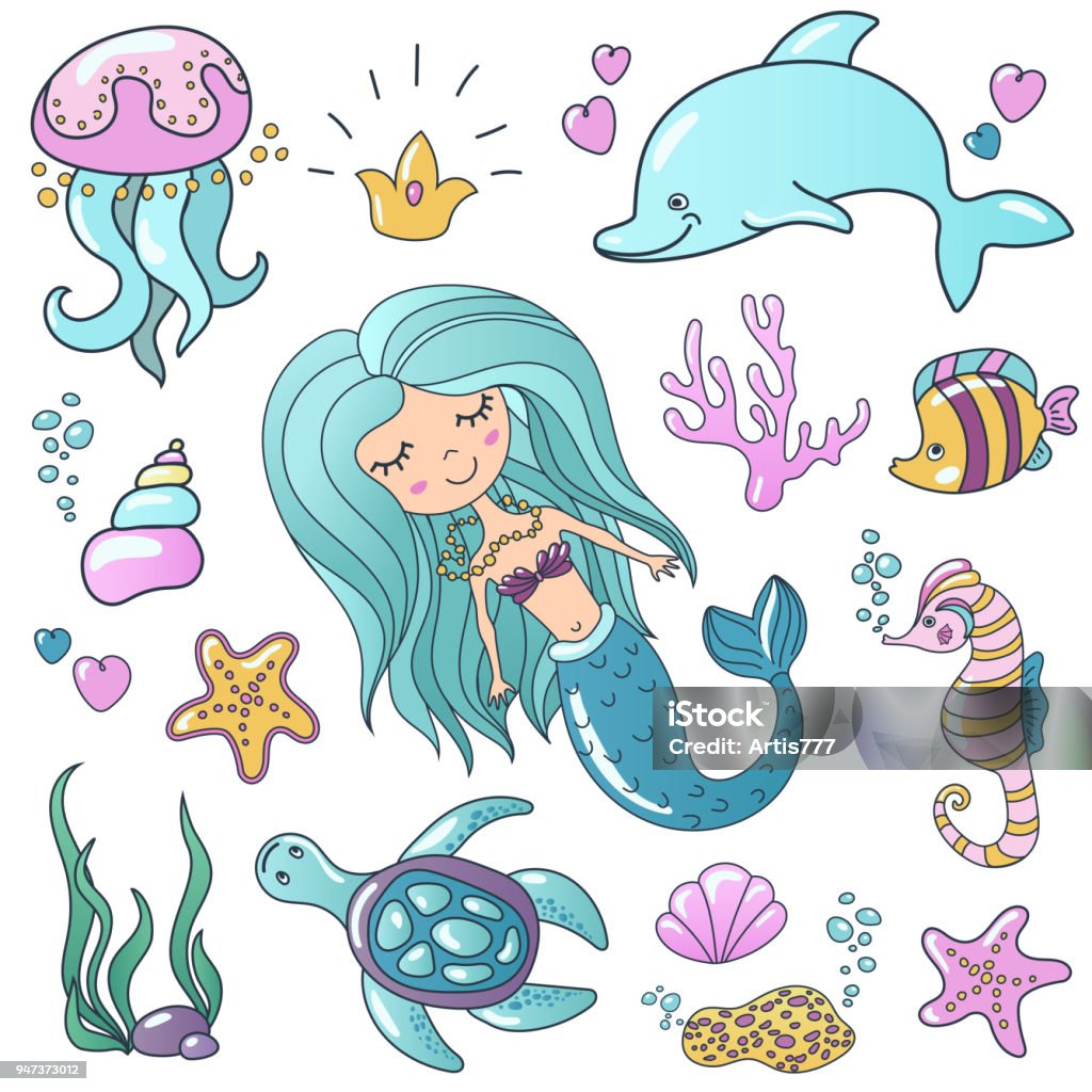 Marine illustrations set. Little cute cartoon mermaid siren, tropic fish, sea starfish, various shells, sea horse, dolphin and crab. Vector sea theme. Marine illustrations set. Little cute cartoon mermaid siren, tropic fish, sea starfish, various shells, sea horse, dolphin and crab. Vector sea theme Mermaid stock vector