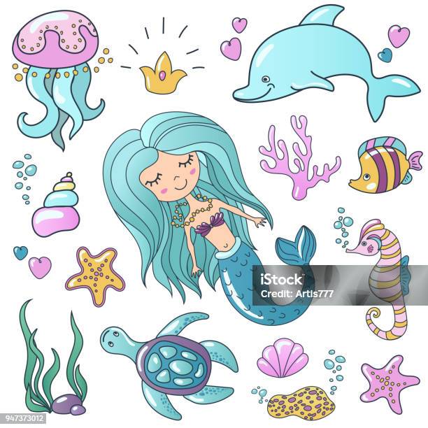 Marine Illustrations Set Little Cute Cartoon Mermaid Siren Tropic Fish Sea Starfish Various Shells Sea Horse Dolphin And Crab Vector Sea Theme Stock Illustration - Download Image Now