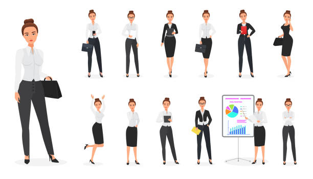 vector set business-frau-charakter. büro-weiblich. - businesswoman skirt isolated standing stock-grafiken, -clipart, -cartoons und -symbole