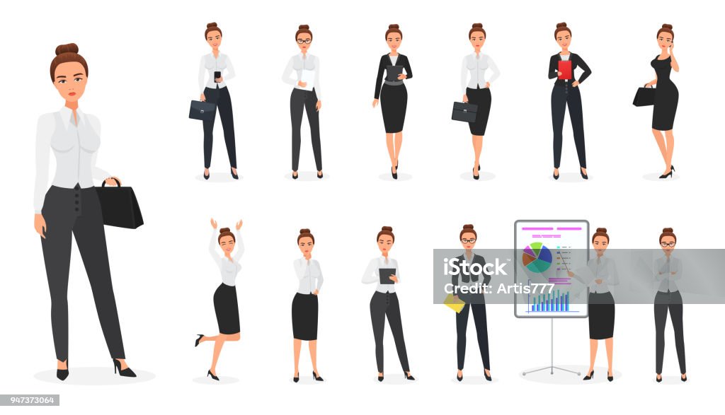 Vector Set of business woman character. Office female. Vector Set of business woman character. Office female Women stock vector