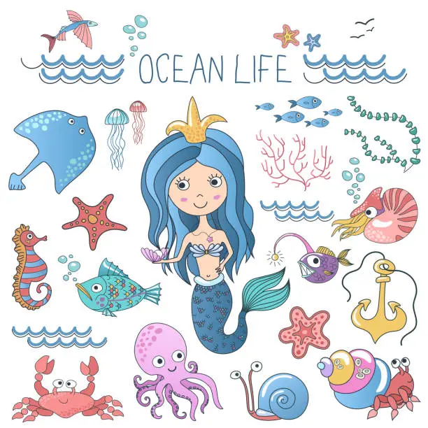 Vector illustration of Marine life illustrations set. Little cute cartoon mermaid princess siren with sea ocean fishes and others animals.