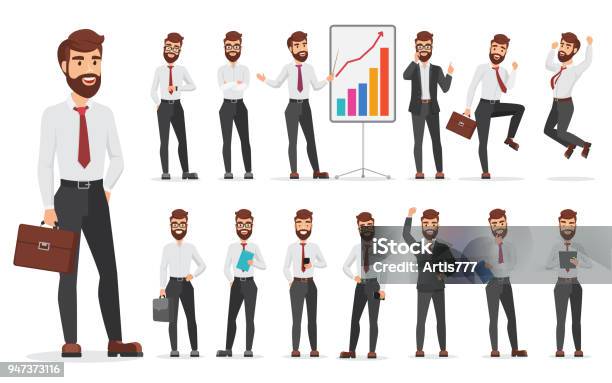 Handsome Office Businessman Character Different Poses Design Vector Cartoon Man Illustration Stock Illustration - Download Image Now