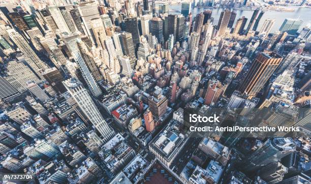 Drone Point Of View Of Manhattan Skyline Stock Photo - Download Image Now - New York City, Aerial View, Urban Skyline