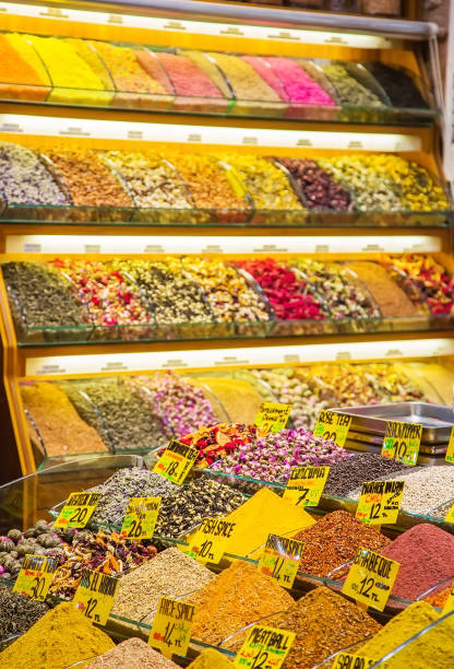 istock Show-window with various fruit and herbal tea and spices 947373750