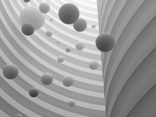 istock Abstract of architecture space with white sphere ball are falling from sky to the ground with light and shadow of the sun,3D render 947376852