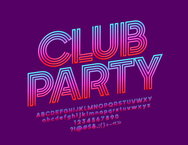 Vector bright banner Club Party with Gradient color Font Abstract design style Alphabet Letters, Numbers and Symbols disco dancing stock illustrations