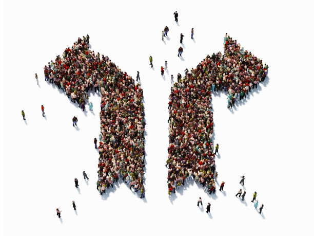 istock Human Crowd Forming Two Arrow Shapes Going On Different Directions : Choice Concept 947389266