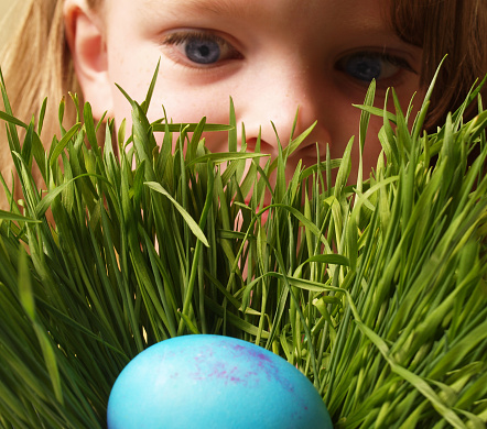 Close up photograph of a little girls looking down at colored egg nestled in long, green grass with wide eyes of wonder