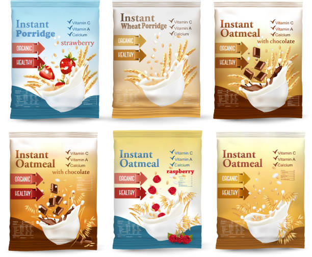 illustrazioni stock, clip art, cartoni animati e icone di tendenza di concetto di pubblicità istantanea del porridge. modello di desing. vettore - oat wheat oatmeal cereal plant