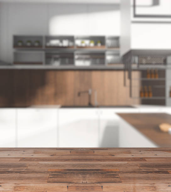 istock Wooden counter on kitchen backdrop 947427386