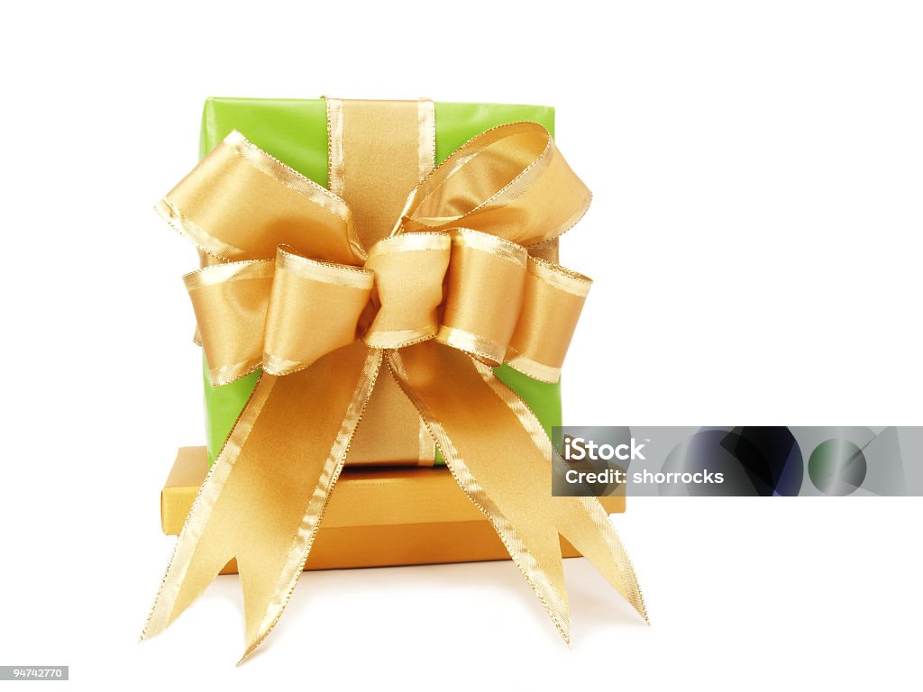 Grinch Green Gift Box Two stacked gift boxes with a gold and green theme; copy space  Box - Container Stock Photo