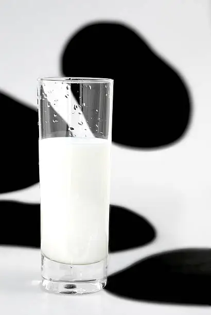 Milk in a long-drink glass in front of a cow-inspired abstract background