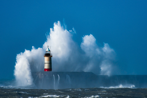 Lighthouse - Storm - Huge waves -Sea defence - Harbour - Storm - English Channel - East Sussex - Newhaven - UK