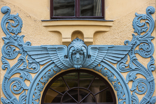Detail of Art Nouveau building facade, Old Town, Riga, Latvia